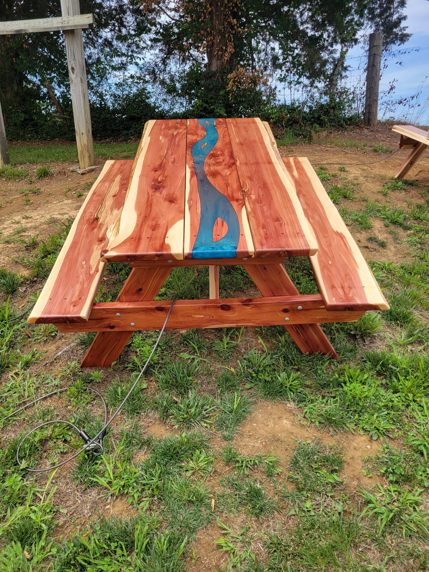 Cedar Live Edge Blue Epoxy River Picnic Table