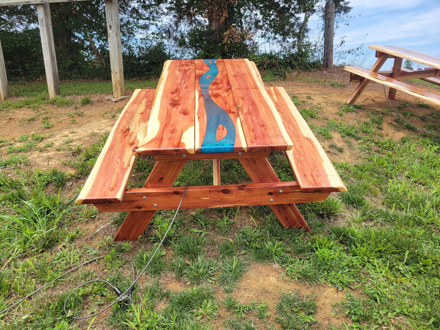 Cedar Live Edge Blue Epoxy River Picnic Table