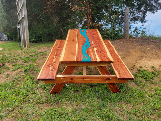 Cedar Live Edge Blue Epoxy River Picnic Table